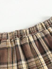 2pcs/Set Tween Girls Sweatshirt & Plaid Skirt Suit, Casual Letter Print Crew Neck Long Sleeve Hoodie And Versatile Brown Plaid Mini Skirt, Autumn - Brown - View 9