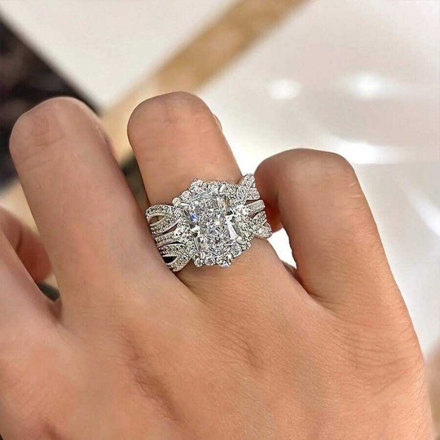 Two-Piece Engagement And Proposal Rings, A New Shiny Square Princess Ring Set With Synthetic Zirconia As A Valentine's Day And Christmas Gift - silvery - View 1