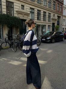 Vivid Style Women's Design Sense Slouchy Style Clashing Color Stripe Knit Sweater Thin Pullover Sweater,Autumn And Winter New,Streetwear,Airport Women, Christmas, Christmas Sweater, Attire,New Year - Navy Blue - View 5