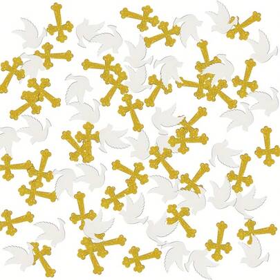 120pcs Gold Glitter Cross, Paper Confetti - Premium Religious Party Decorations, Suitable For Baptism, First Communion, Wedding, Birthday - Gold & White Christian Celebration Supplies, Detailed Design, Themed Decor, High-Quality Paper, Event Planning