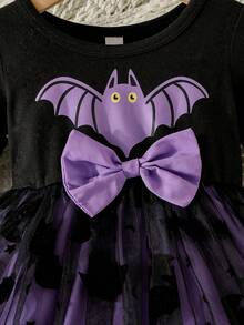 Đầm cổ tròn tay dài họa tiết dơi, mặt trăng và ngôi sao dễ thương cho bé, chủ đề Halloween, trang phục ngoài trời cho kỳ nghỉ mùa thu/đông, có thể giặt bằng máy - màu đen - Xem 4