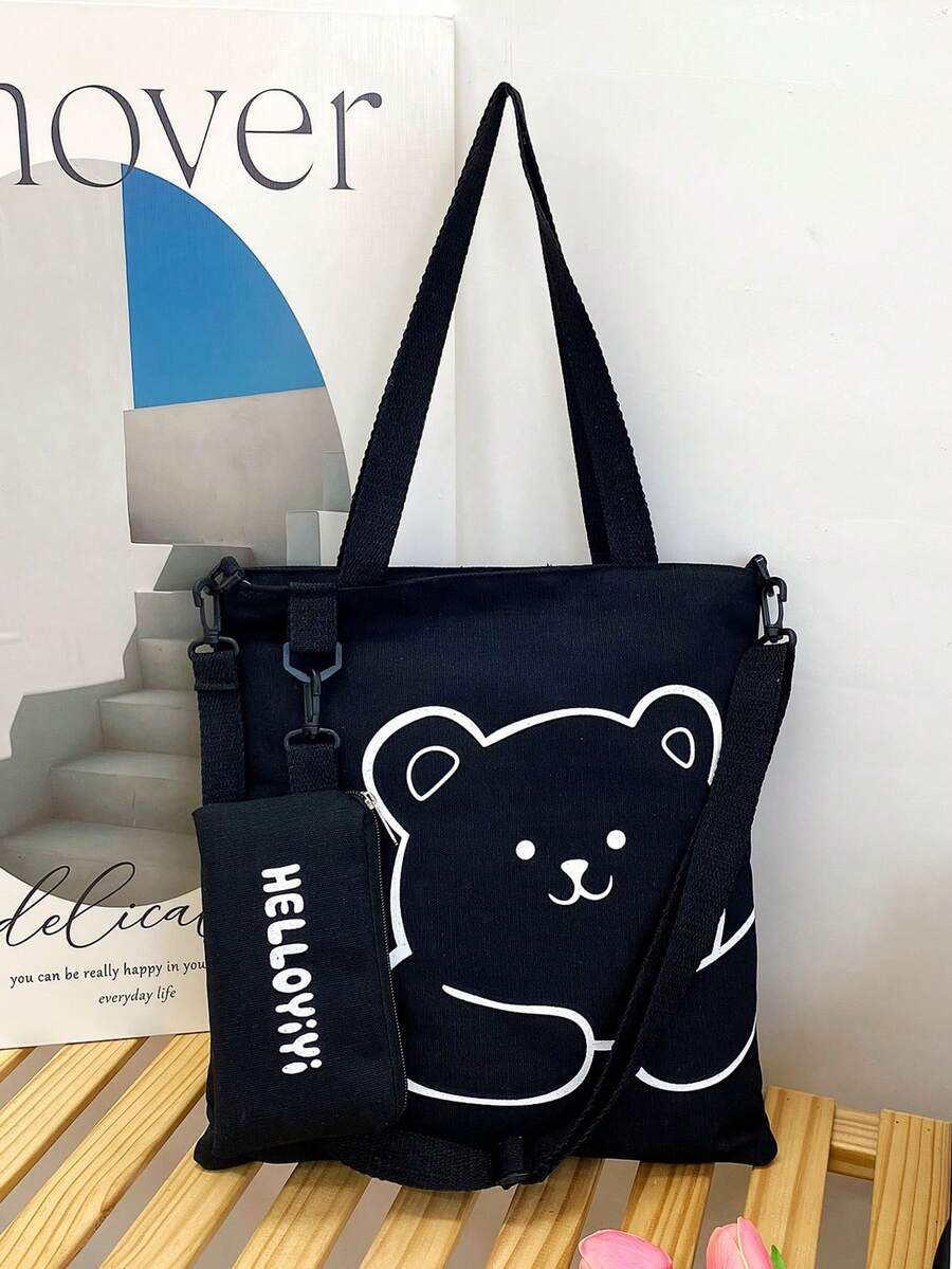 帆布手提包，卡通印花，适合学生，单肩包，斜挎包，多功能，大容量背包 - 黑色 - 查看 1