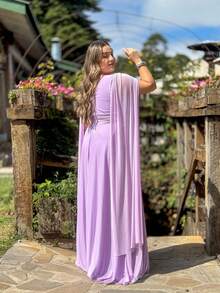 Long Bridesmaid Dress With Cape Sleeves, Party Guests, Terracotta, Marsala, Mint Green, Serenity Or Navy Blue - 紫丁香色 - 查看 3