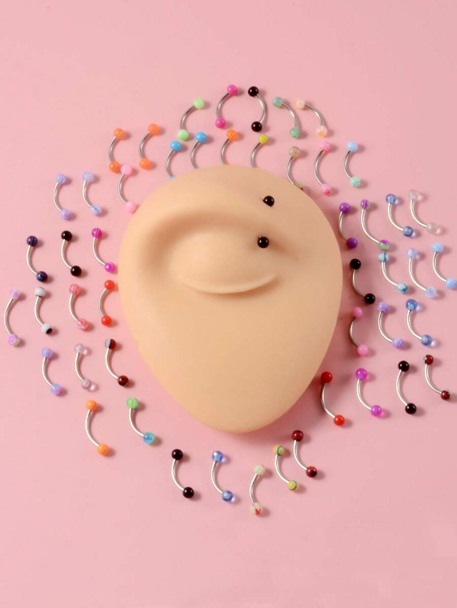 50pcs/set Random Color Ball Decor Eyebrow Ring Unisex Fashion Punk Body Piercing Jewelry - Multicolor - View 1