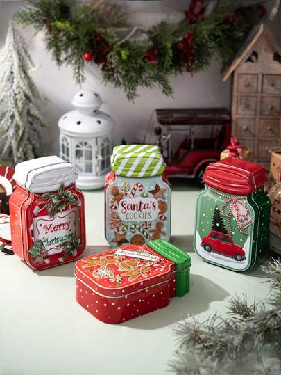 1/2个圣诞汽车姜饼人派对糖果盒装饰，适合家庭、办公桌装饰，糖果罐圣诞装饰，铁罐造型装饰，可爱乡村度假装饰（款式随机），家居装饰，圣诞装饰，房间装饰，冬季圣诞装饰，圣诞礼物，圣诞装饰