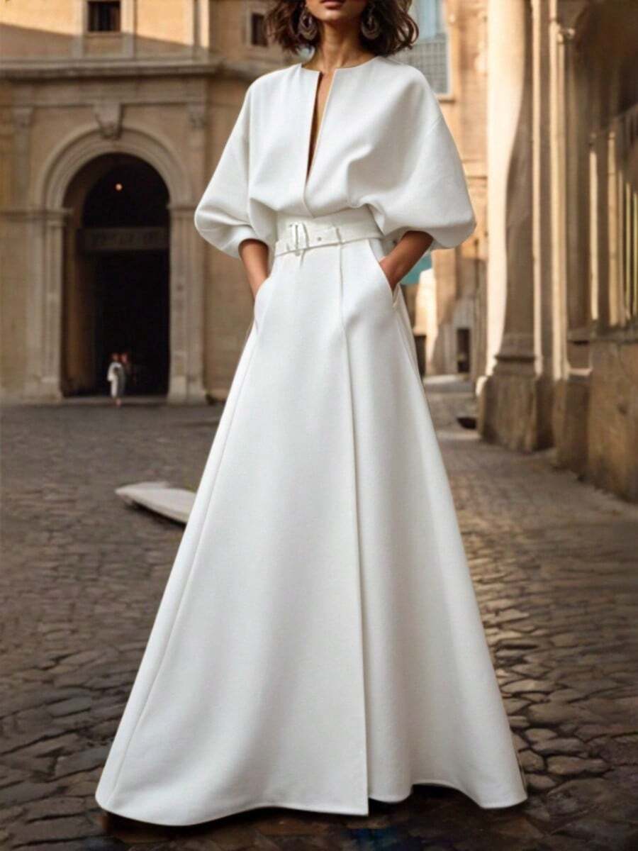 Women's Solid Color High Waist Belted Floor Length Evening Dress Half Puff Sleeves Elegant Party Gowns - 白色 - 查看 1
