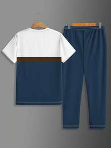 2 件男士运动服，透气舒适，优质面料超柔软渐变休闲圆领短袖上衣和慢跑裤套装，流行服装 - 藍色 - 查看 3