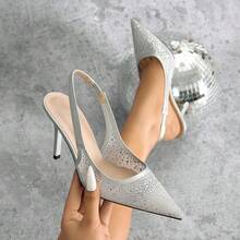 Zapatos de tacón alto de punta fina para mujer, con diseño calado, de moda para fiestas y uso al aire libre, elegantes, bombas de mujer, elegantes, atuendos de verano - Plateado - Ver 9