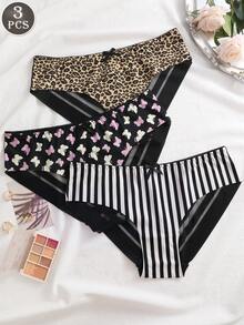 3pcs/Set Solid Color Lace Patchwork Mesh Butterfly Stripe Leopard Print Comfortable Breathable Sexy Women's Underwear Set
