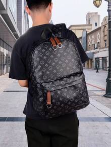 Men's High-End Plum Blossom Print Backpack, Geometric Pattern Retro Floral Design, Waterproof PU Laptop Bag, Large Capacity Travel Backpack For College Students, Business, Daily Use, Gift For Men (Suitable For Back To School Season) Waterproof Backpack - Black - View 1