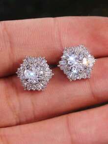 1 Pair Fashion Cubic Zirconia Stud Earrings Women Wedding Engagement Anniversary Party Jewelry Valentine's Day Valentines,Mom,Mother,Mother's Day, - 銀色 - 查看 6