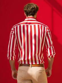 男士休闲单排扣条纹衬衫，圣诞节，长袖上衣 - 紅色 - 查看 3