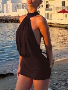 VIBECORE Women's Sexy Backless Spaghetti Strap Ruched Party Club Holiday Night Out Brown Dress - Brown - View 3