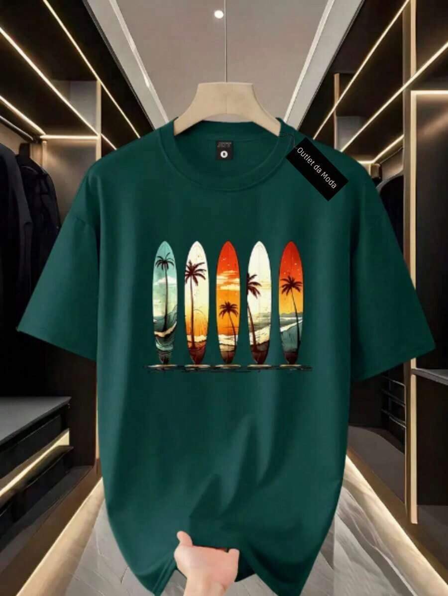 Men's T-Shirt With Surfboard Print, 100% Cotton, Super Comfortable, Summer Fashion - 軍綠色 - 查看 1