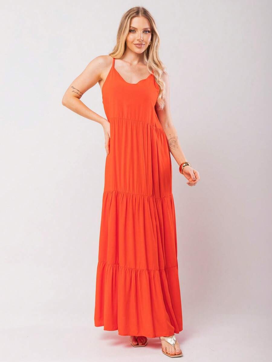 Women's Long Viscose Dress With Adjustable Straps - Orange - View 1