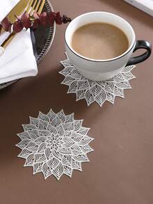 12pcs Gold Flower Coasters, PVC Material 3.94inch Round Coffee Cup Mats, Washable, Easy To Clean, Wipe-Able, Non-Slip, Heat-Resistant, Suitable For Room Decor, Dining Table Decor, Home Decor, Ideal For Holidays, Parties, Birthdays, Weddings And Dinners - Gold - View 7