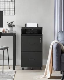 VASAGLE Armario Archivador de 2 Cajones, Archivador de Oficina con Cerradura, Soporte para Impresora, Negro - Negro - Ver 2