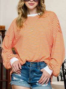 Damen Lässig gestreifter Farbblock Pullover, modisch locker sitzender Strick-Top für den Herbst - Orange - Übersicht 5