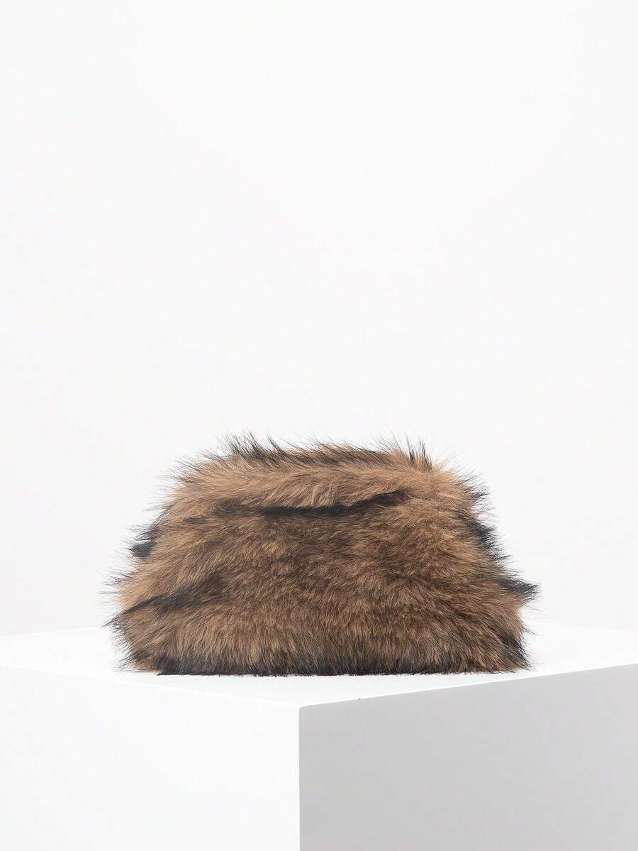 女士优雅手拿包，适合新娘派对、舞会、毛绒手提包、舞会配饰、节日派对、高贵女士包、婚礼用品（图案随机） - 棕色 - 查看 1