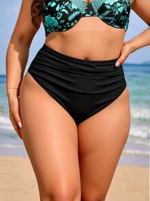 Swim Lushoire Summer Beach Plus Ruched High Waisted Bikini Bottom - Black - View 3