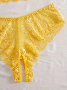 Women Sexy Butterfly Lace Lingerie Set Lace See-Through Top With Open-Crotch Underwear Adult Lingerie 2Pcs Set - Yellow - View 6