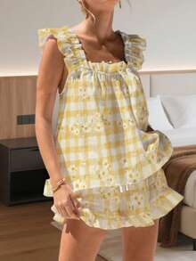 Womens Pajamas Set Bow Floral Print Ruffle Sleeveless Tank Top And Shorts Sleepwear Set Summer 2 Piece Outfits Women Floral Print Pajama Sets 2 Piece Lounge Set Ruffle Trim Sleeveless Top And Shorts Pjs Sleepwear - 黃色 - 查看 3