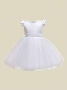 Young Girls' Solid Color Chiffon & Satin Dress, Simple & Elegant Dress Suitable For Performance, Hosting, Runway, Does Not Include Hair Accessories - White - View 4