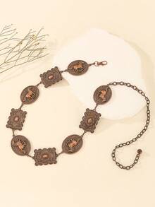 Cadena de cintura ovalada hueca plateada vintage, cinturón de cadena de metal geométrico y floral para la cintura, accesorio corporal ajustable con estampado en forma de V para vestidos estilo bohemio, aleación de zinc, apto para primavera, verano, otoño, invierno - Plateado - Ver 7