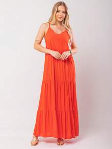 Women's Long Viscose Dress With Adjustable Straps - Orange - View 4