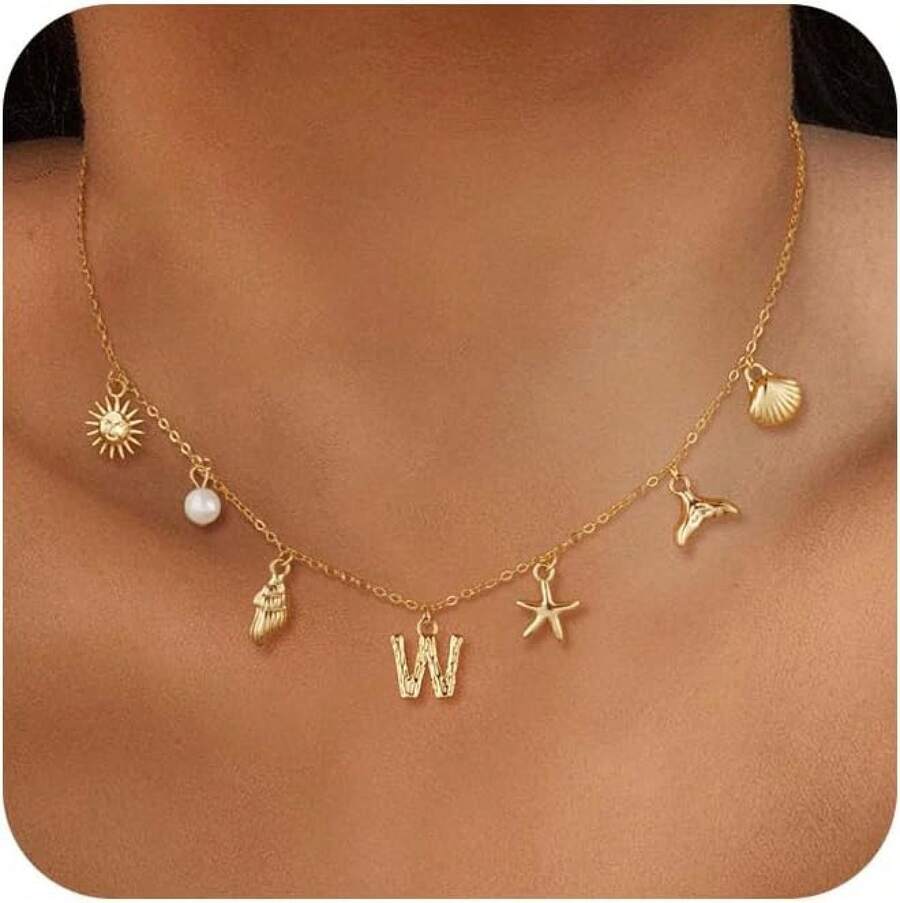 CAROVO Gold Initial Charm Necklace Women Letter A-Z Necklace 14K Gold Plated Charm Pendant Necklace Boho Summer Seashell Beach Starfish Surfer Jewelry - w - 查看 1
