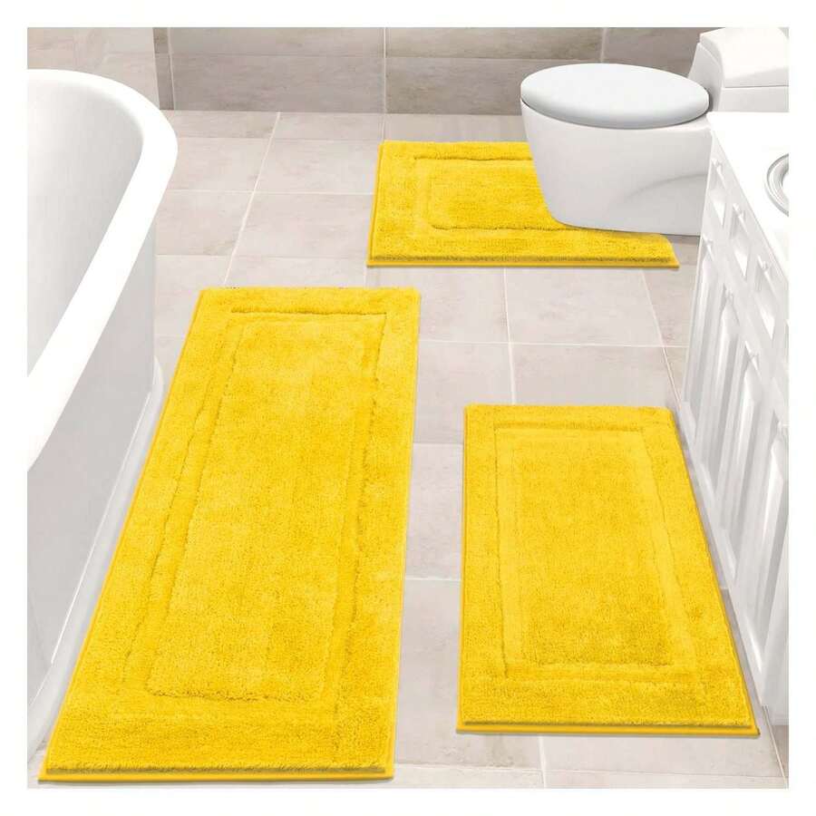 Bathroom Rugs Sets 3-Piece, Non Slip Bath Rugs Runners, Washable Soft Shaggy Yellow Microfiber Bath Matfor Shower, Tub, Toilet - As Picture 421 - View 1