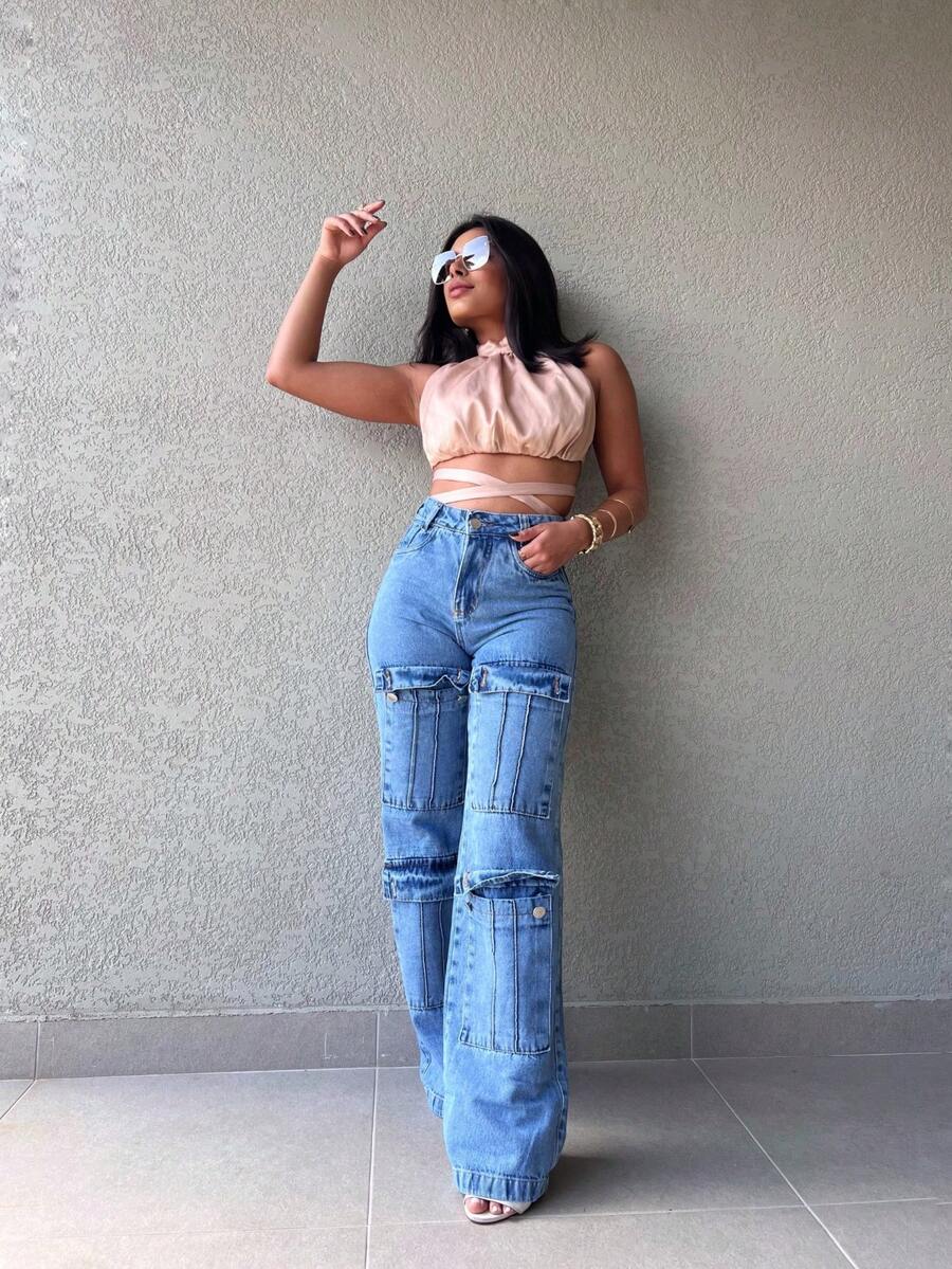 The Lemon 3022 Calça jeans feminina  cargo pantalona wide leg calca Calça jeans lisa cintura alta elegantes - Lavagem Média - Visão 1