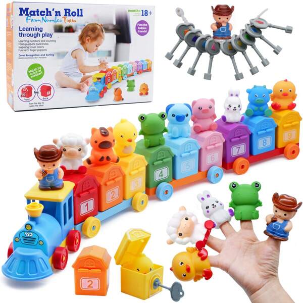 Farm Animal Train Toys For Toddler 1 2 3 4 Years Old, Montessori Counting Matching Learning Toys, With 1 Farmer &9 Animals,Barns,Keys, Fine Motor Games, Birthday Gift For Boys Girls