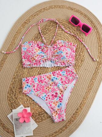 新款性感碎花比基尼套装，百搭露肩设计，适合欧美市场