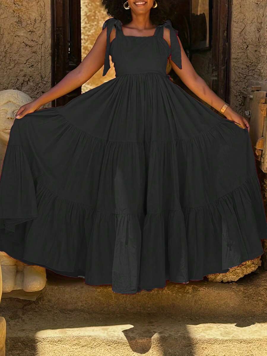 Plus Size Women's Solid Color Tie Shoulder Dress Elegant Prom Party Sleeveless Layered Hem Floor Length Maxi Dress - 黑色 - 查看 1