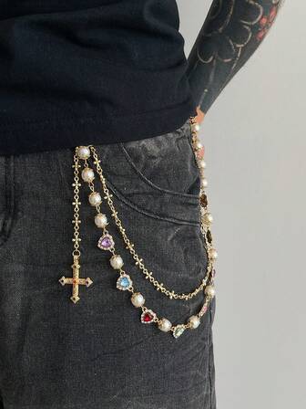 1pc Vintage Luxurious Multi-Color Rhinestone Cross Pants Chain, Men's Hip Hop Charm Body Chain, Used For Pants Decoration