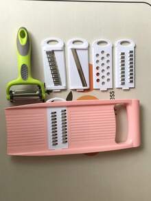 五合一蔬菜切片器套装，多功能水果切片器，手动食物切丝器，蔬菜刨丝器，土豆刨丝器，家用土豆刨丝器，多功能蔬菜切片切丝器套装，带可互换刀片，手持式曼陀林厨房工具，可用于土豆、胡萝卜、黄瓜刨丝和切华夫饼，包含削皮器 - 藍色 - 查看 12