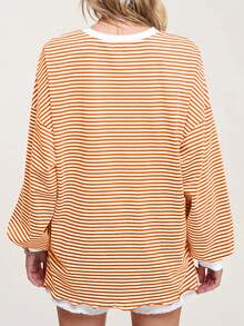 Damen Lässig gestreifter Farbblock Pullover, modisch locker sitzender Strick-Top für den Herbst - Orange - Übersicht 4