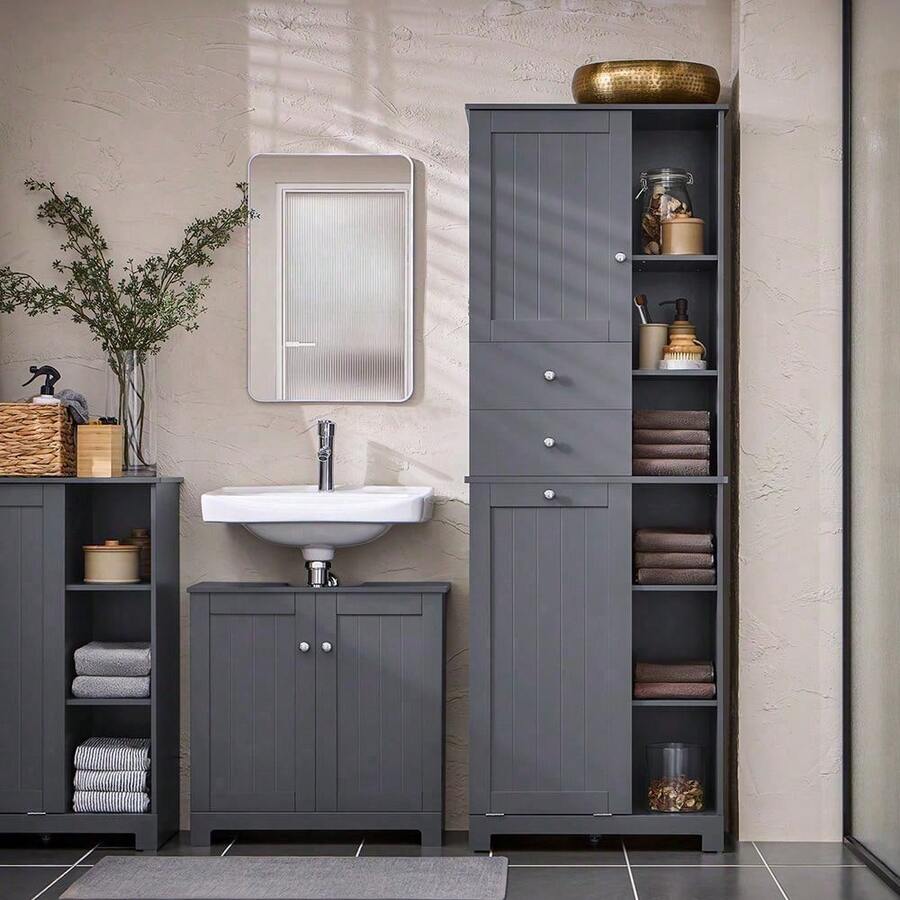 SoBuy Bathroom Tall Cabinet Cupboard Bathroom Storage Cabinet With Laundry Basket Dark Grey W60 X D37 X H170cm BZR104- Home Bathroom Decor Bathroom Organizer Summer Bathroom Accessories