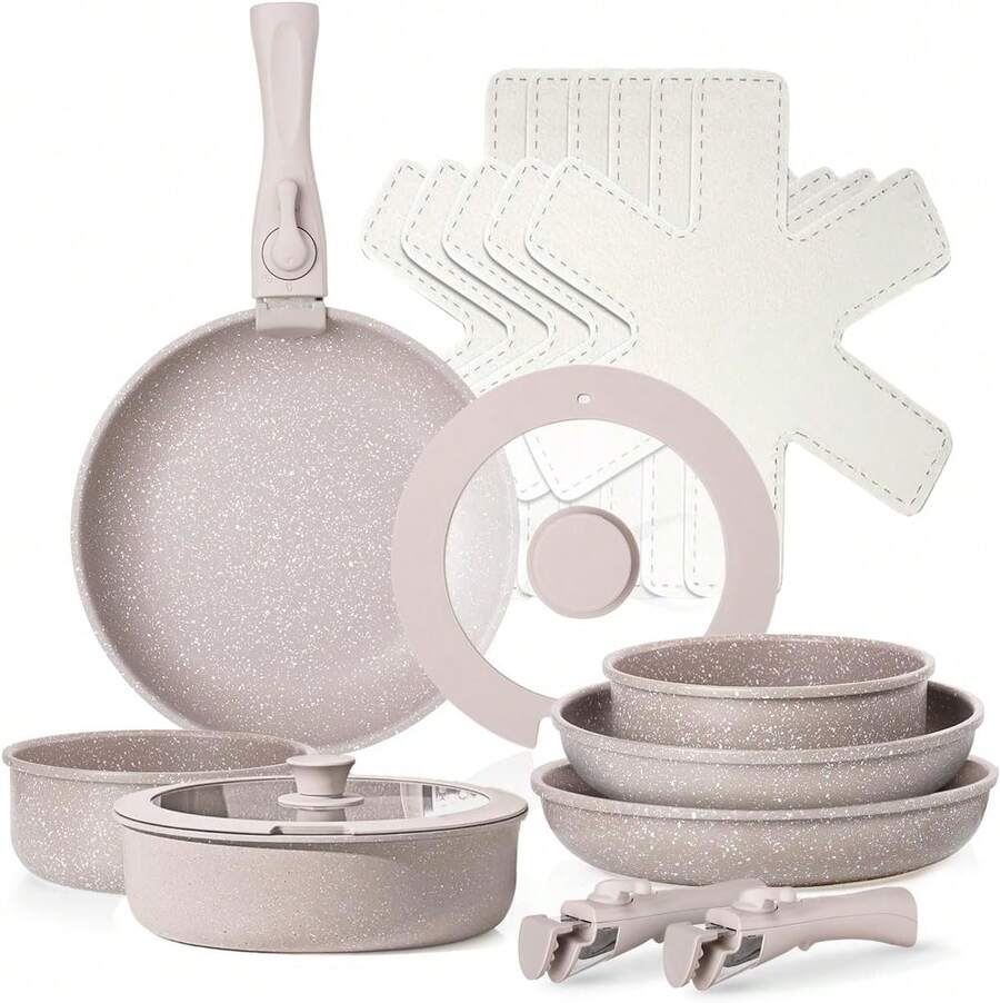 LOKOOY Juego de 16 Ollas y Sartenes con Mango Desmontables, Alta Antiadherente, Bateria de Cocina Con Tapas y Cojín, Sartén para Freír Apto para Lavaplatos, Cocina de Inducción y Horno - 1 - Ver 1