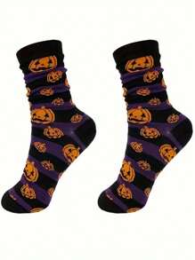 Halloween Socks For Big Men - 5 Pairs Or Single Pair, Pumpkin & Skeleton Cartoon Design, Mid-Calf, Fall/Winter, Available In US Sizes