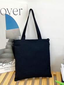 帆布手提包，卡通印花，适合学生，单肩包，斜挎包，多功能，大容量背包 - 黑色 - 查看 5