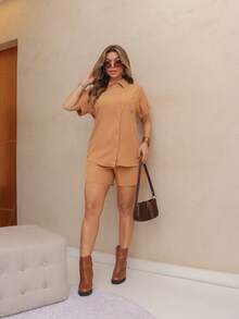 WOMEN'S SET SHORT SLEEVE SHIRT AND SHORTS SP034 - Khaki - View 2