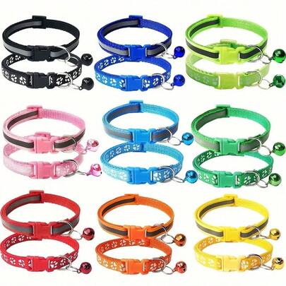 [Reflective Cat Collar] 2pcs Adjustable Reflective Cat Collars With Bell | Nylon Safety Collars For Cats And Dogs, Paw Print Design, Multiple Colors