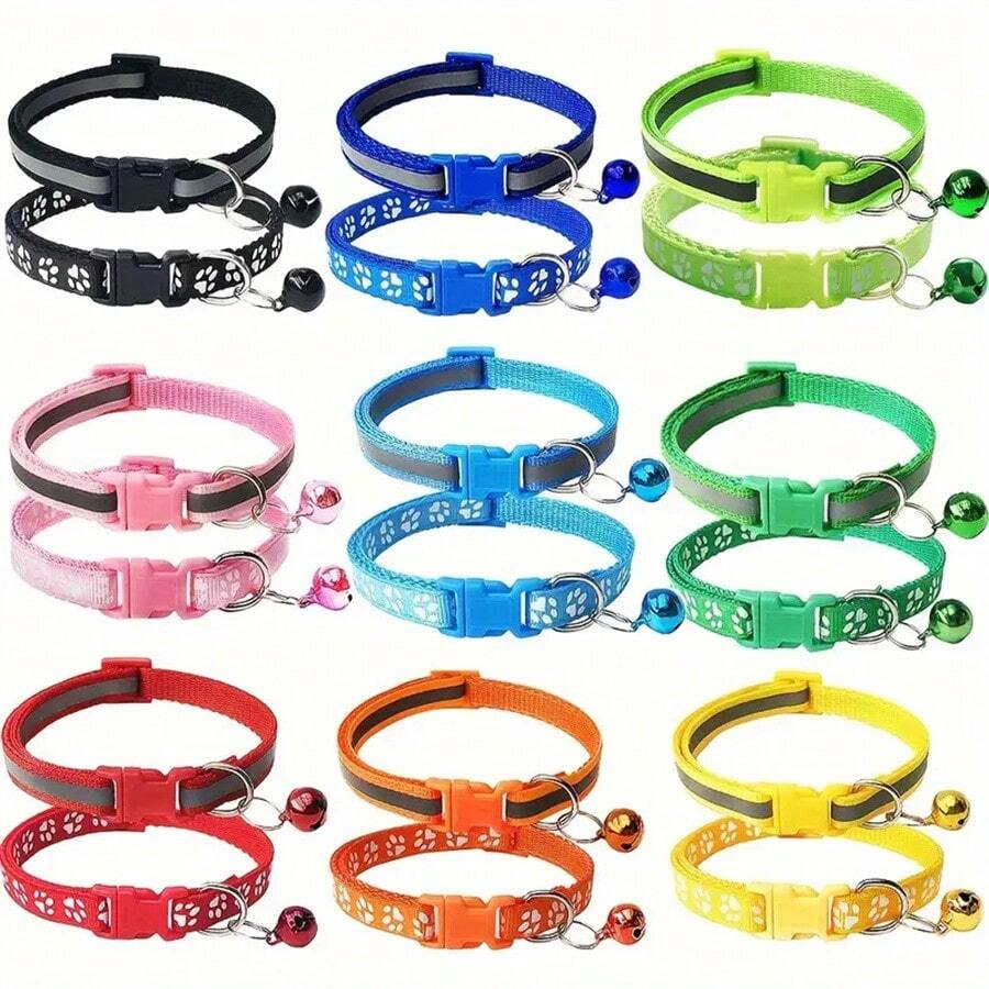 [Reflective Cat Collar] 2pcs Adjustable Reflective Cat Collars With Bell | Nylon Safety Collars For Cats And Dogs, Paw Print Design, Multiple Colors - Multicolor - View 1