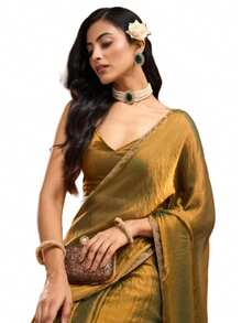 Estationeryhouse Designer Shiny Two Tone Soft Tissue Silk Saree With Antique Embroidered Border, Blouse Piece Included(Bronze) - 銅色 - 查看 3