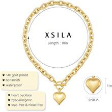 Heart Necklace Women, Chunky Gold Necklace 14k Gold/Silver Plated Pendant Charm Toggle Clasp Gold Necklace Statement Thick Chain Link Necklace Gold Jewelry Women - 2.5毫米+18吋_金色 - 查看 7