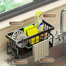 1 Simple Metal Kitchen Sink Rack, Self-Draining Kitchen Sink Organizer, Sponge Draining Rack, Suitable For Kitchen/Bathroom Countertop Storage, Comes With A Towel Rod, Available In Black, Gray, And White