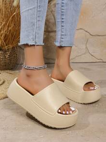 Sandalias de cuña para mujer con suela gruesa, antideslizantes, de uso en el hogar, de alta elasticidad, de moda para vacaciones en la playa, para uso interior y exterior - Caqui - Ver 4