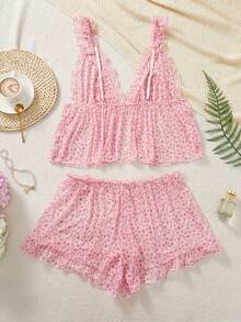 2 Pieces Women's Sexy Pink Floral Print Lingerie Set - Pink - View 2